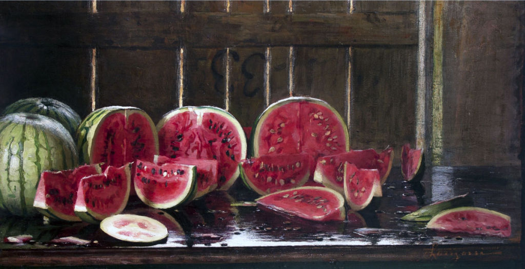 Emilio Longoni, Tavolo con angurie, olio su tela, 62x120 cm Collezione privata