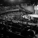 Pubblico seduto in teatro durante un incontro con autori sul palco illuminato