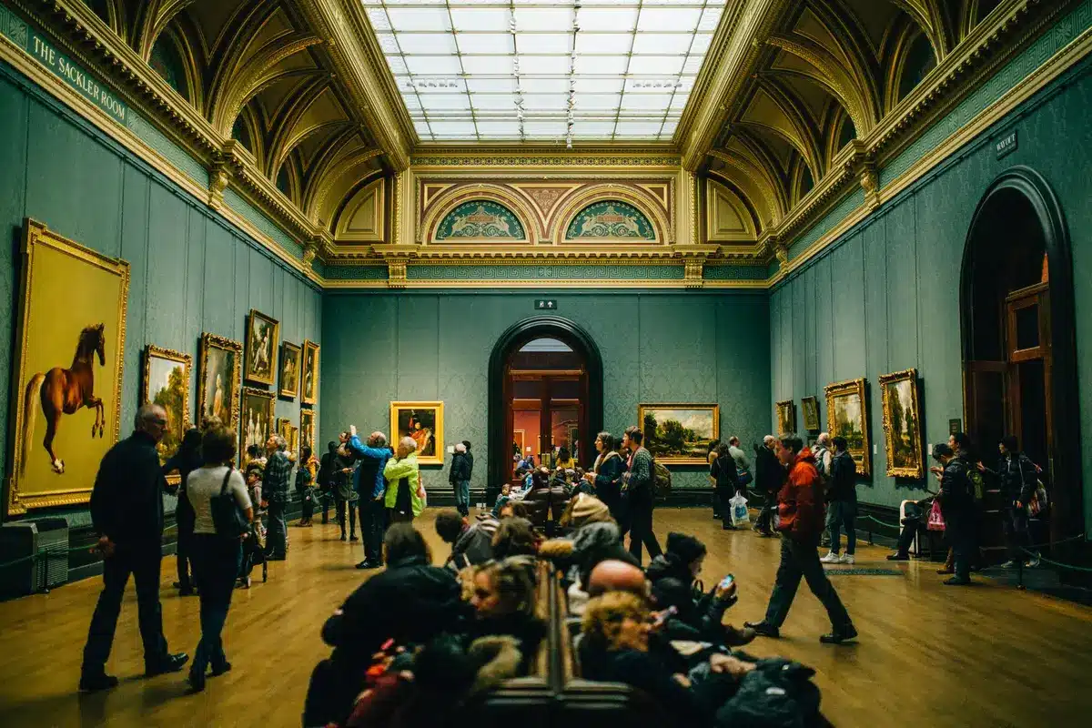 Visitatori in una galleria d'arte contemporanea con esposizioni multistrato di storia e cultura