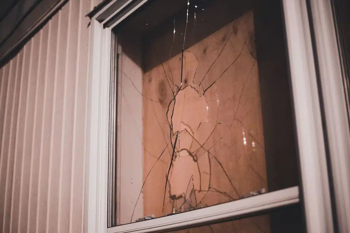 Finestra di un museo con tracce di effrazione e vetri rotti, simbolo del furto notturno