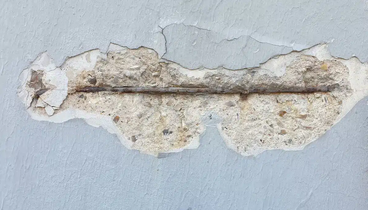 Crepa profonda nel calcestruzzo di una terrazza vista da vicino