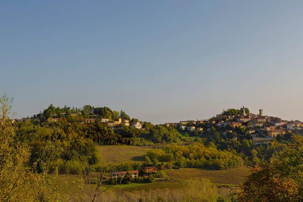 Paesaggio del Monferrato con vigneti e una struttura di benessere circondata dalla natura.