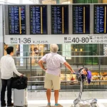 Viaggiatori in partenza presso una hall aeroportuale moderna con valigie, in un ambiente ordinato e sicuro.