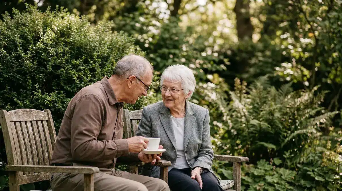 Due persone che conversano ma con scarsa connessione emotiva, sedute a distanza in un ambiente interno.