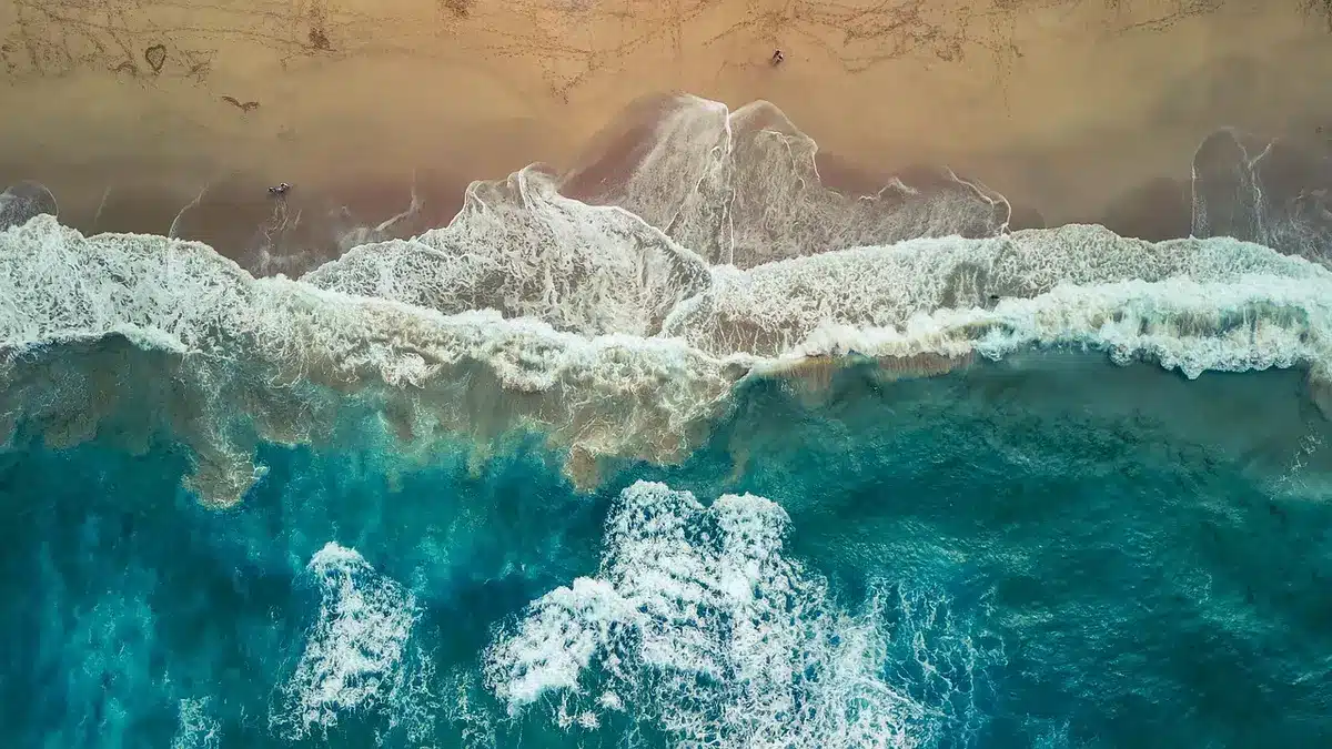 Spiaggia affollata vista dall'alto con ombrelloni e bagnanti fitti lungo la battigia