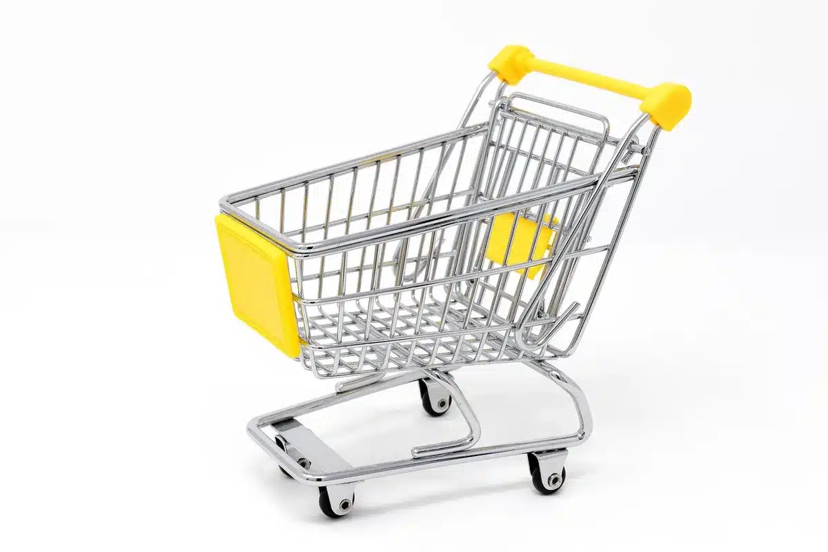 Carrello della spesa con prodotti freschi e ghiaccio in un supermercato durante Ferragosto