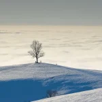 Silhouette con parka e stivali sulla neve davanti a un paesaggio montano soleggiato