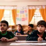 Corridoio scolastico con polvere bianca e banchi vuoti dopo atti di vandalismo