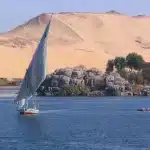 Striscia verde di palme e orti sul Nilo vicino a Luxor con barca anonima