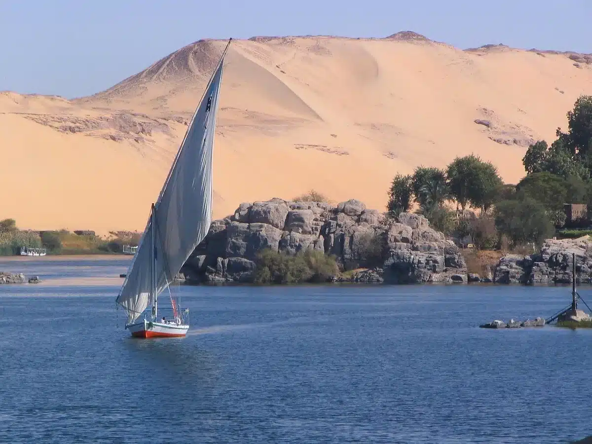 Striscia verde di palme e orti sul Nilo vicino a Luxor con barca anonima