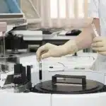 Vetreria di laboratorio e flacone cosmetico sfocato su bancone, mani con guanti