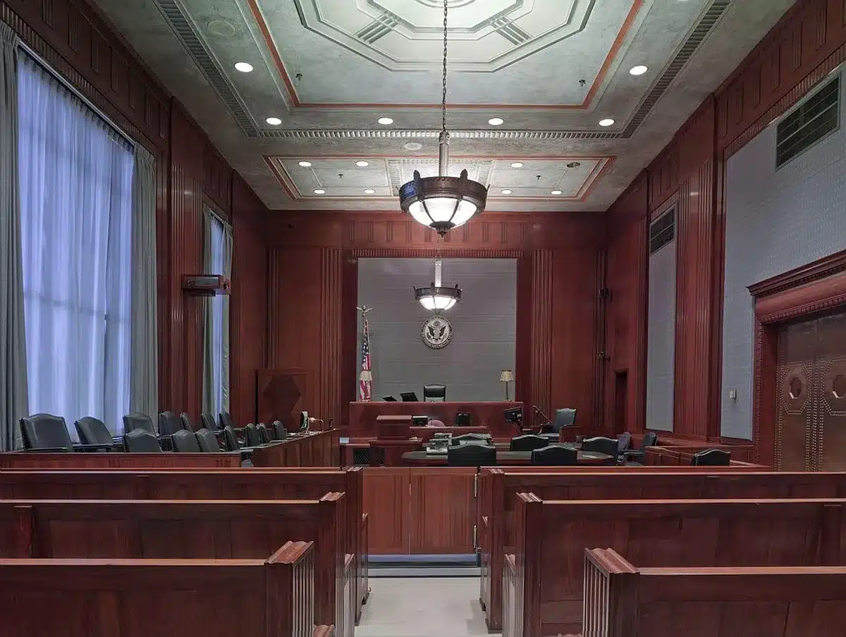 Interno di una aula di tribunale con banco dei giudici e posti per il pubblico